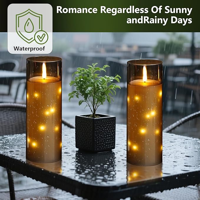 kakoya 11" x 4" Large Outdoor Waterproof Flameless LED Candles with Remote and Timer,Acrylic Pillar Candles Battery Operated with Embedded Star String for Porch,Patio,Outdoor Decor,Set of 2(Grey)