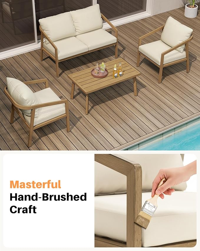 4 Pieces Outdoor Sofa Set, Never-Rust Aluminum Patio Conversation Set with Removable Cushions, Patio Furniture Set with Patio Loveseat, 2 Sofa Armchairs and Coffee Table for Pool, Deck, Teak