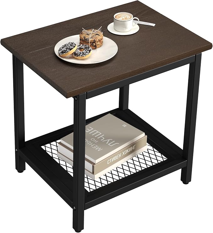 2-Tier Outdoor Side Table with Storage, Weather Resistant Patio End Table, HDPS Small Accent Table for Deck, Garden, Pool, Backyard, Brown
