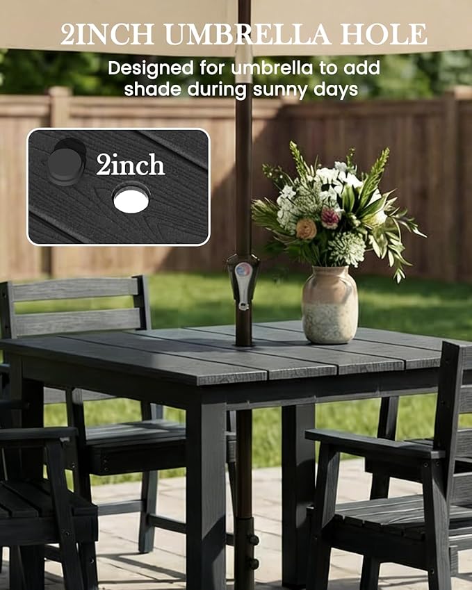LOUNZY 5-Piece HDPE Patio Dining Set - Outdoor Square Table with 2" Hole Cut-Out & 4 Chairs,Black