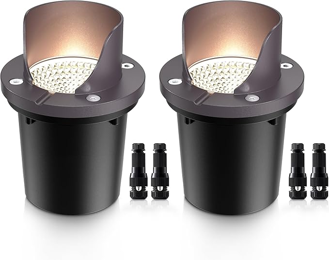 SUNVIE 12W Low Voltage Landscape Lighting Shielded Well Lights Landscape LED in Ground Waterproof 12V-24V Low Voltage Outdoor in Ground Lights with Connectors for Pathway Garden 2 Pack