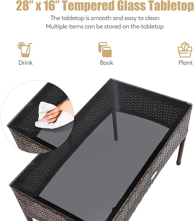 HAPPYGRILL 3 Piece Outdoor Rattan Conversation Set Patio Furniture Set with Tempered Glass Coffee Table, 5 Elastic Seat & Back Cushions, Sectional Sofa Set for Poolside Balcony Backyard