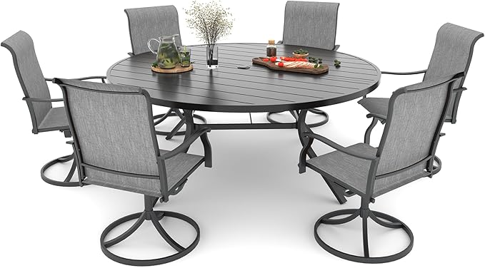 Anmutig 7-Piece Outdoor Dining Set, 58'' Round Table with 6 Swivel Chairs All Weather Furniture Set - Grey Style1