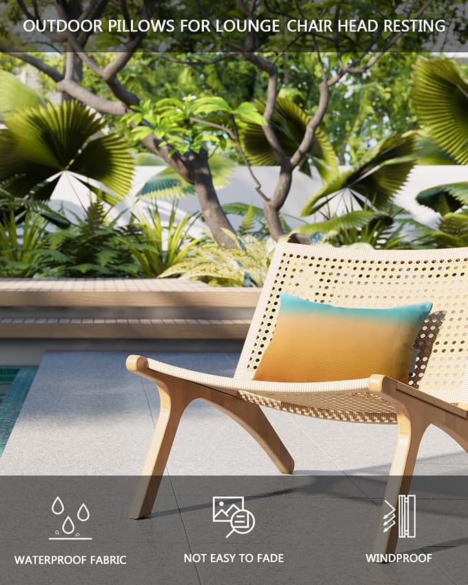 Outdoor Pillows Covers with Inserts Teal Turquoise Yellow Orange Ombre Stripe Gradient Waterproof Pillow with Adjustable Strap Throw Pillows for Patio Furniture Pool Lounge Chair, 11x16 Inch, 2PCS