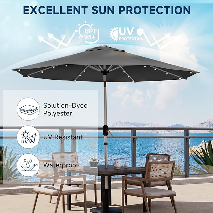 9FT Aluminum Patio Umbrella with 40-LED Solar Lighted, Fade-Resistant Outdoor Market Table Umbrella with Push Button Tilt Function, 8 Sturdy All-Aluminum Ribs for Gardens, Decks, Backyards & Pools