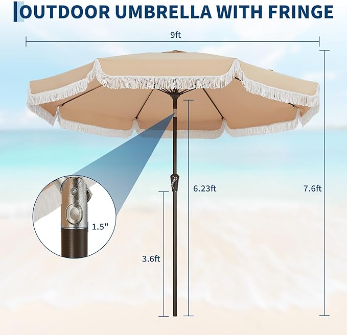PeakPursuit 9 ft Patio Umbrella with Fringe, Tassel Outdoor Beach Umbrella for Sand with Push Button Tilt, 8 Fiberglass Ribs, UV 50+ Sun Protection for Garden, Pool, Backyard, Deck