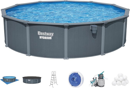 Bestway Hydrium 18' x 52" Above Ground Pool, Round Steel Side Wall Frame Outdoor Swimming Pool Set with Sand Filter Pump, Polysphere Filtration Balls, Ladder & Accessories