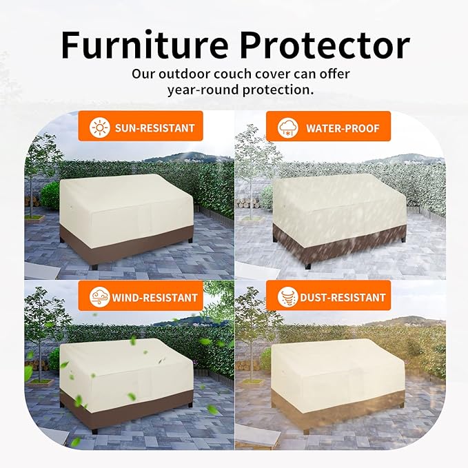 Easy-Going Waterproof Outdoor Couch Cover, Heavy Duty 3-Seater Patio Sofa Cover, Winchdproof Outdoor Furniture Cover with Air Vent (88Wx32.5Dx33H inch, Beige/Dark Brown)