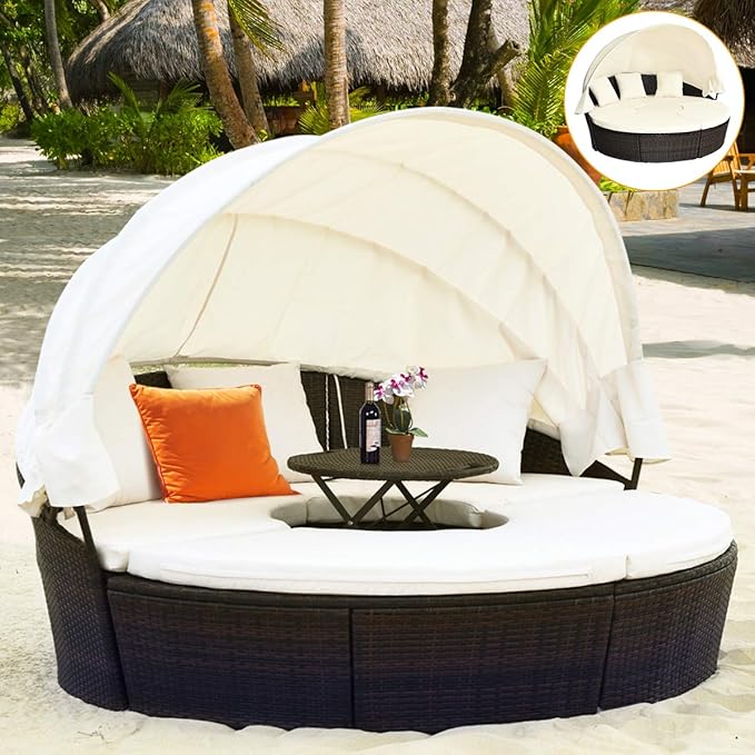 Tangkula Patio Round Daybed with Retractable Canopy, Outdoor Wicker Rattan Furniture Sets, Sectional Sofa Set w/Height Adjustable Coffee Table, Rattan Conversation Sets