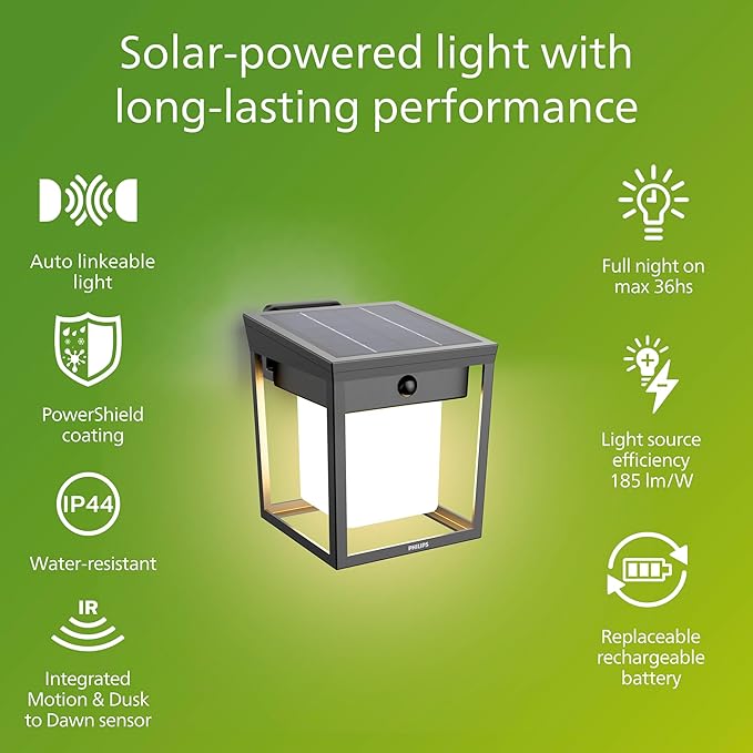 Philips Solar LED 1-Pack Ultra-Efficient Wall Lantern - Blaise, Dusk to Dawn, Automatically Linkable, Daylight and Motion Sensor, 3000K Bright White Light, IP44, Anthracite
