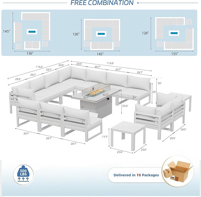 NICESOUL 15 Piece Aluminum Patio Furniture Set with Fire Pit Table & Side Tables, 500lbs Heavy Duty Outdoor Sectional Sofa, L-Shaped 29" Deep Seating Conversation Set for Backyard Garden, Light Gray