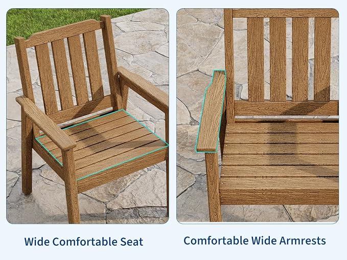 Takywep 23.9” Wide HDPE Patio Dining Chairs Set of 2, 650LBS Capacity All-Weather Yard Armchair with Slatted Seat, Heavy Duty Modern Backyard Furniture for Garden, Poolside, Deck, Natural