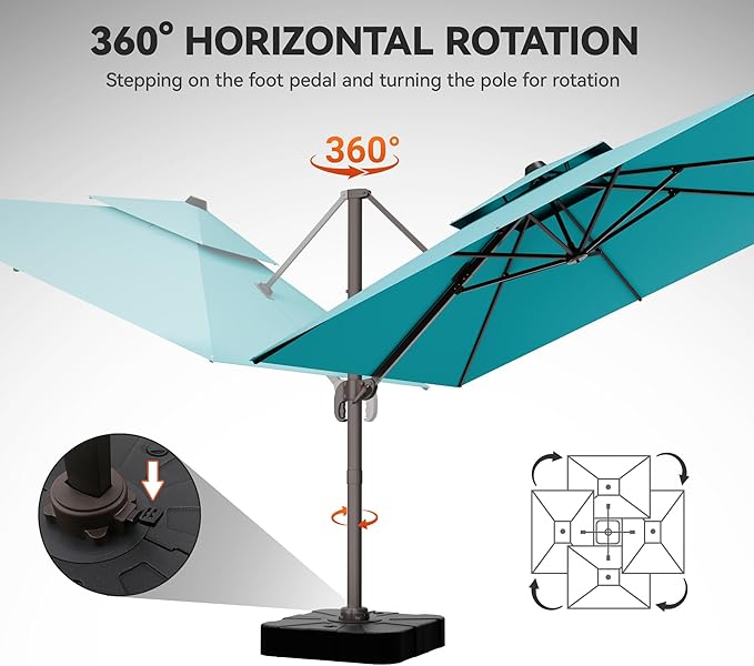 GENTEACO 10X10 FT Cantilever Umbrella with Base Included, Large Offset Patio Umbrella with Double Top, 6 Angle Tilts & 360° Rotation, Large Square Sun Umbrellas for Outdoor Pool Market, Turquoise Blue