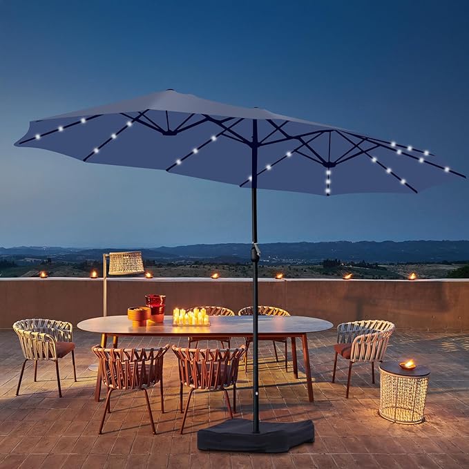 15ft Double Sided Patio Umbrella with Solar Lights, Outdoor Large Umbrellas with Crank Handle and 36 LED Lights, Rectangular Market Umbrella with Base Included for Deck Pool Shade (With Base)