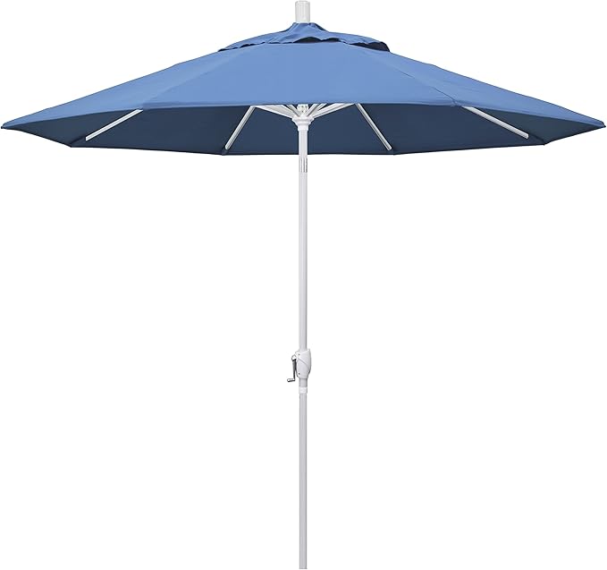 California Umbrella 9' Round Aluminum Market Umbrella, Crank Lift, Push Button Tilt, White Pole, Frost Blue Olefin