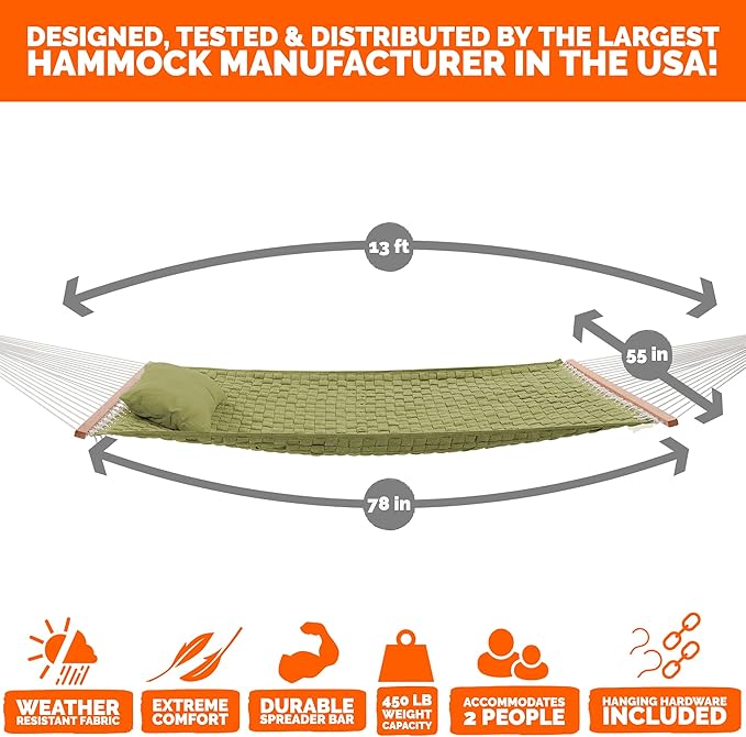 Castaway Living 13 ft. Large Green Soft Weave Hammock with Free Pillow, Storage Bag, Extension Chains & Tree Hooks, Accommodates 2 People, 450 LB Weight Capacity, 13 ft. x 55 in.