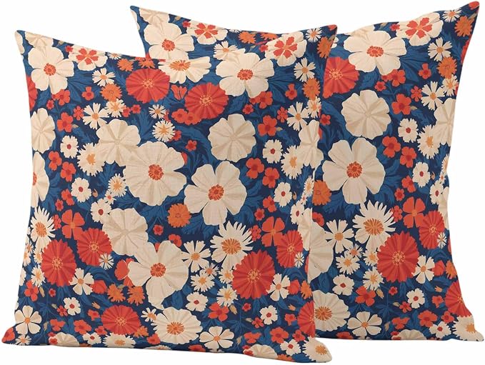 Independence Day Outdoor Waterproof Throw Pillow Covers Set of 2, 24"x24", Red White Daisy Retro 4th of July Decorative Pillow Covers Outside Cushion Case for Patio Porch Garden