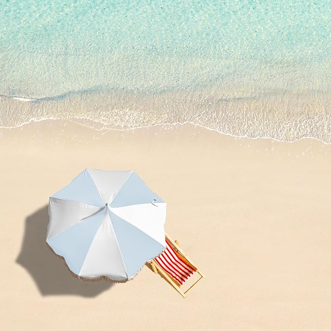 6.5ft Pagoda Beach Umbrella with Fringe, UPF 50+ Boho Umbrellas with Carry Bag, Premium Wood Pole Foldable Tassel Umbrella for Outdoor Garden Lawn Pool Yard Table