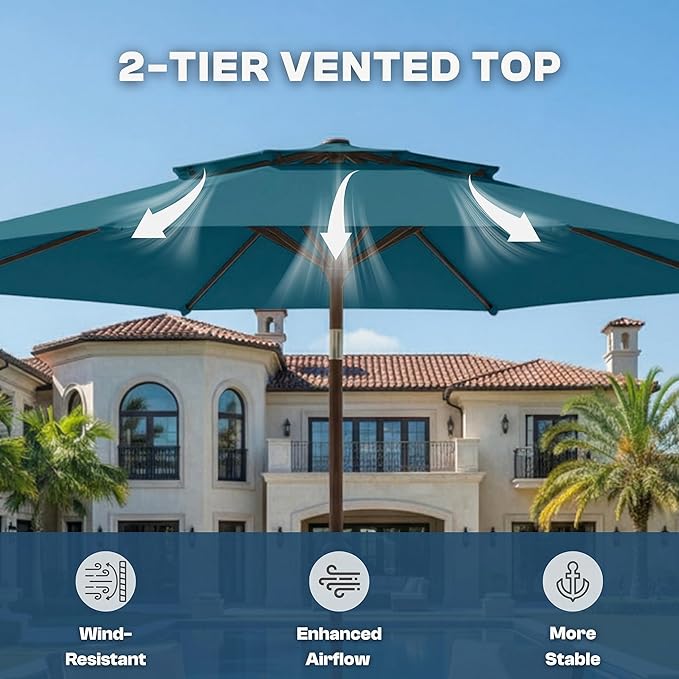 Outdoor Patio Umbrella, 2 Tiers Market Table Umbrella with 8 Sturdy Ribs, Push Button Tilt and Crank, UPF50+ UV Protection for Deck, Pool, Garden and Backyard
