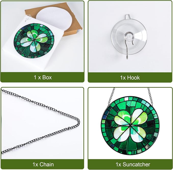 Stained Glass Window Hanging, Green Four Leaf Clover Suncatcher 7.8 in Sun Catcher Boho Wall Art Decor with Chain Diamond Glass Panel Hangings Scenery Sun Catchers Decor for Lover Couple Mom