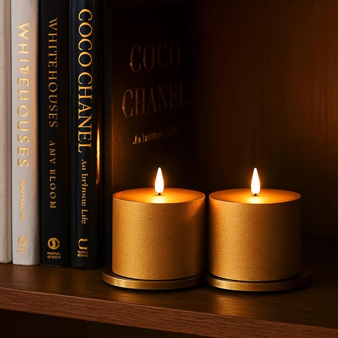 Smtye 4x4 Inch Gold Textured Flameless LED Candles Set of 2, Plastic Sand Finish Battery Operated Flickering Pillar Candles with Timer, Realistic Warm Glow for Home, Weddings, and Holiday Decor