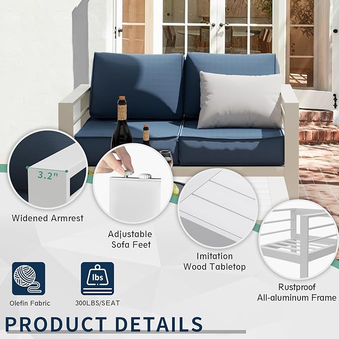 Amopatio Aluminum Patio Furniture Set, 7 Pieces Modern Patio Conversation Sets, Outdoor Sectional Metal Sofa with Coffee Table for Balcony, Garden, White&Blue (Included Waterproof Covers)