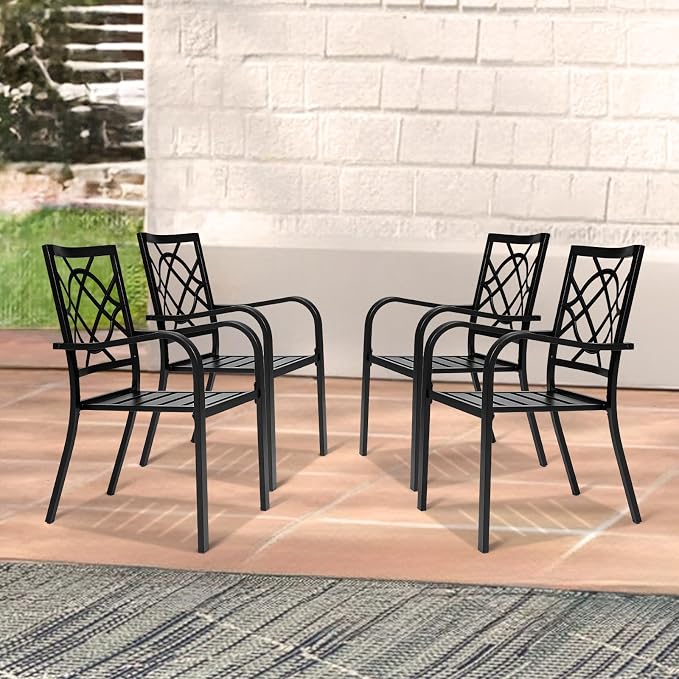 SUNCROWN 2 Pieces Wrought Iron Black Chairs 300 Lbs Outdoor Dining Chairs, Patio Metal Stackable Chair with Armrest for Backyard, Garden, Poolside