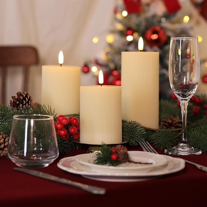Flickering Flameless Candles with Remote, Real Wax Battery Operated Candles with Timer, 3D Wick Ivory Striped Fake LED Candles for Christmas Home Wedding Party, Gifts for Mom, Set of 3