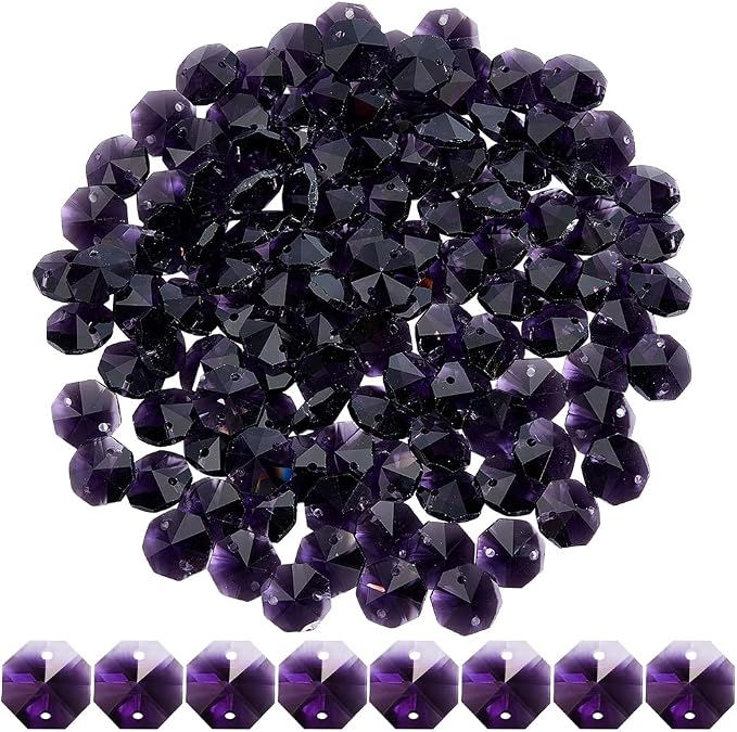 120Pcs 14mm Glass Octagon Beads 2 Hole Crystal Prism Beads Dark Orchid Crystal Chandelier Parts Replacement Connector Sun Catcher Faceted Spacer for Suncatcher DIY Lamp Pendant Jewelry Making