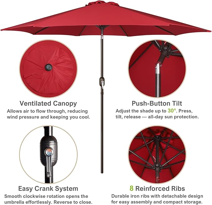 Blissun 10FT Outdoor Patio Umbrella, Outdoor Table Umbrella, Yard Umbrella, Market Umbrella with 8 Sturdy Ribs, Push Button Tilt and Crank