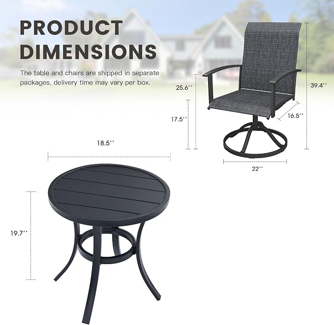 3 Pieces Small Patio Dining Set, Outdoor Furniture of 18.5" Round Patio Side Table & Patio Swivel Chairs for Backyard Lawn Garden, Black Table and Black Chairs
