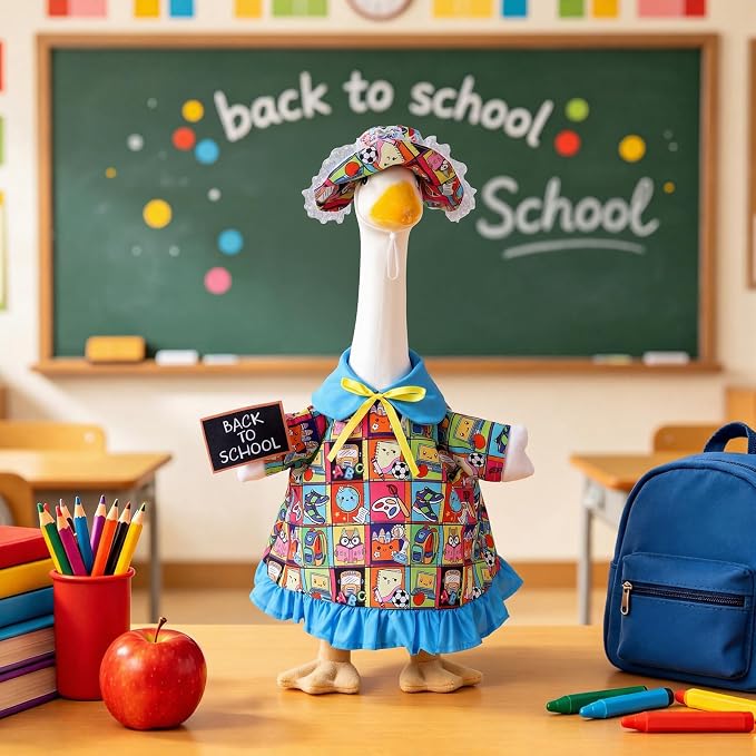 Outus Back to School Porch Goose Outfits Includes Blue Sun Hat and Blue Notebook Shirt First Day of School Classroom Goose Clothing for Outdoor Garden Yard Patio Lawn 23" Statue