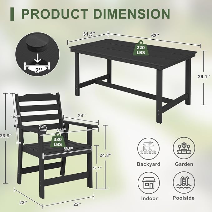 FUNBERRY Outdoor Dining Set, HDPE 5 Piece Dining Table Set with Chairs | 2" Umbrella Hole Table, Wood-Grain, HDPE All Weather, No Rot or Rust or Crack, UV Fade Shield, Easy-Clean for Outside