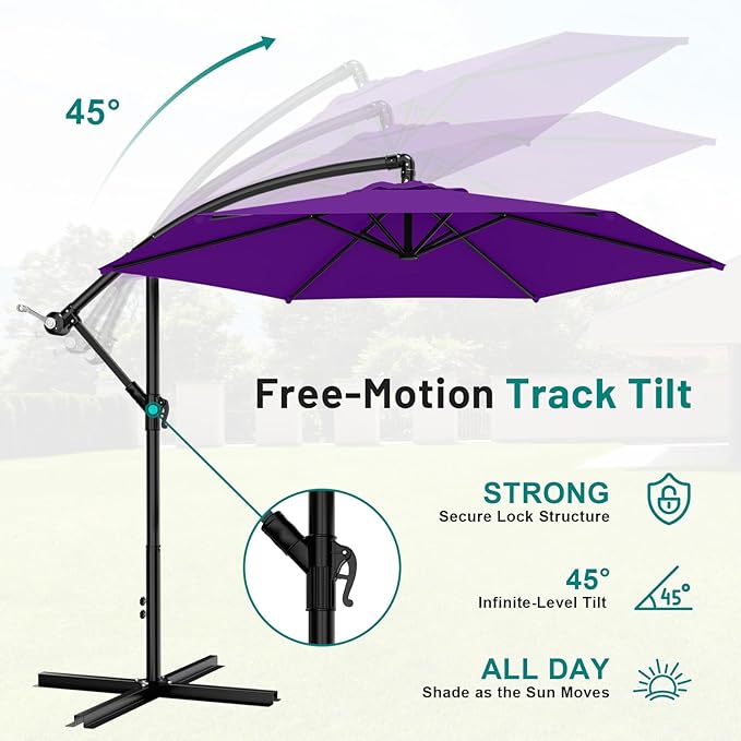 AreShark 10FT Patio Outdoor Umbrella, Offset Patio Umbrella Cantilever Umbrella, 6 Sturdy Ribs, Easy Adjustment for Garden Market Pool with Cross Base (Dark Purple)
