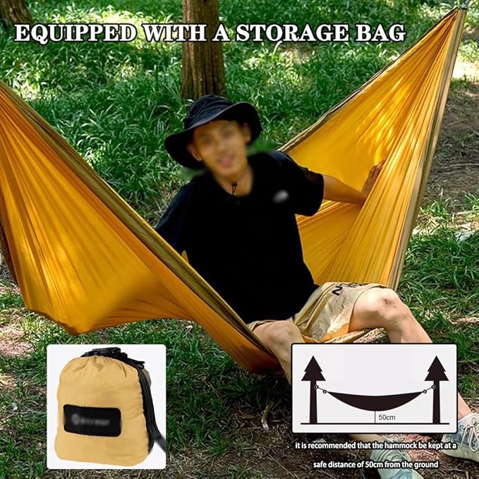 Portable Double Hammock for Park, Outdoor Anti-Rollover Swing with Storage Bag, Beach/Garden/Hiking, Load Bearing 250kg/551.2lbs(Yellow)