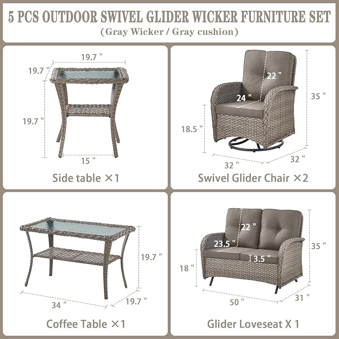 Belord 5 Piece Wicker Patio Furniture Set - Outdoor Conversation Sets with Deep Seating Swivel Rocker Chairs Loveseat and Rattan Coffee Table for Deck Backyard Poolside, Gray Wicker/Gray Cushion