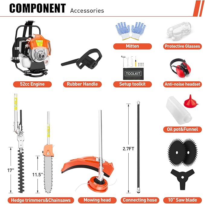 Baotree 52cc 6 in 1 Gas Hedge Trimmer, Weed Eater, String Trimmer, Edger, Pole Saw Chainsaw Pruner with EPA, CE and EMC Certification