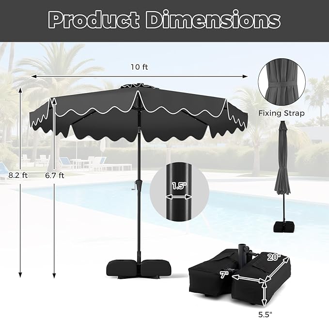 Tangkula 10 FT Solar Patio Umbrella with Base Included, 2-Tiers Outdoor Scalloped Table Umbrella with 32 LED Lights, 2 Sandbags, Tilt Adjustment, Crank, 8 Ribs for Market Backyard Pool Deck Beach Lawn (Gray, 10 FT)