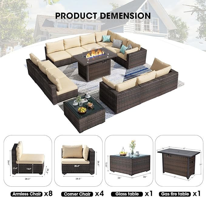 Patio Furniture Set 14 Pieces with 44" Fire Pit Table, Rattan Outdoor Sectional Conversation Sets, All Weather Outdoor Furniture Set with Cushions for Garden Lawn Balcony Porch Deck Beige