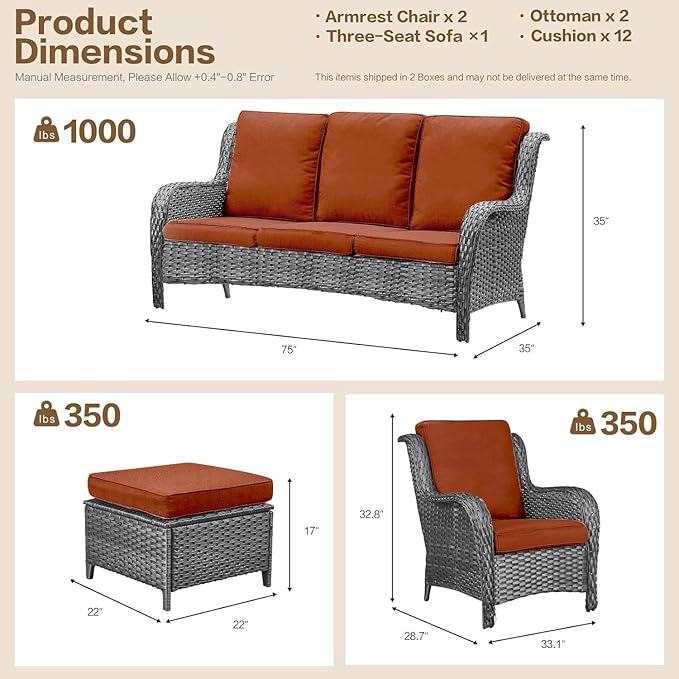 5 Pieces Outdoor Patio Furniture Conversation Set PE Rattan Wicker with a 3-Seater Sofa, 2 Armchairs, 2 Outdoor Ottomans for Yard Garden Backyard Porch Poolside GNR (Grey/Orange)