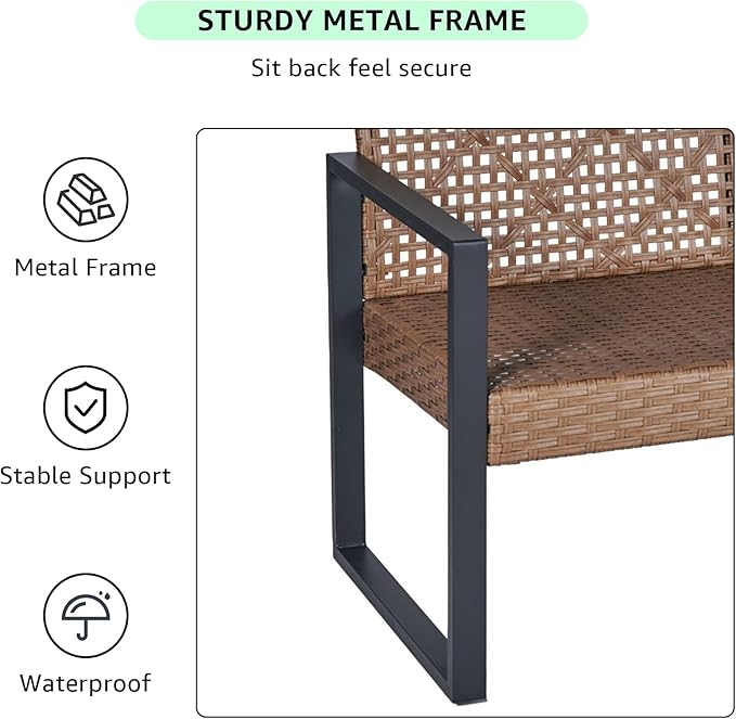 Outdoor Patio Furniture Set, 4 Piece Rattan Chairs with Coffe Table for Backyard, Balcony, Deck, Front Porch, Patio Conversation Seating Sets for Outside, Juego Muebles de Exterior(Light Brown)