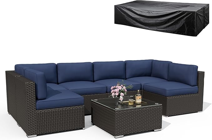 8 Pieces Outdoor Patio Furniture Set with Waterproof Cover, Black Brown Wicker Patio Sectional Sofa Set, Outdoor Couch with Cushion and Tempered Glass Table, Dark Blue