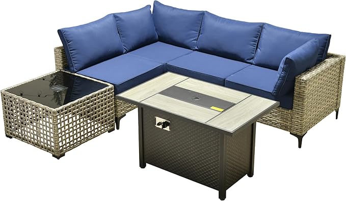 Outdoor Patio Furniture Sets,6 PCS Patio Conversation Set Outside Rattan Sectional Sofa with 42 in Fire Pit Table&Coffee Table Fit Backyard Porch Garden Poolside Balcony