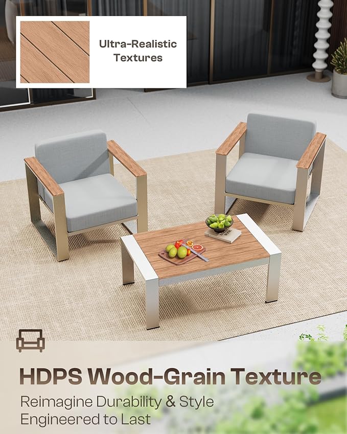 Aluminum Outdoor Patio Furniture, 2 Pieces Armchairs, All-Weather Metal Modern Outside Single Sofa for Deck, Porch (TeakGray)