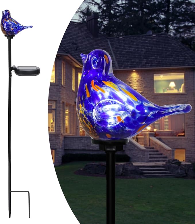 Afirst Decorative Solar Lights Outdoor Solar Bluebird Stake Lights Hand Blown Glass Decorative Garden Pathway Lights Outdoor Waterproof Glass Stakes Dark Blue