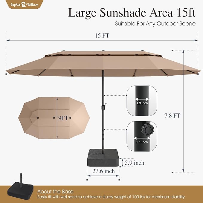 Sophia & William 15ft Extra Large Patio Umbrella with Base Included, 2-Tier Double-Sided Rectangle Outdoor Umbrella with Stand, Market Umbrella for Pool Garden Backyard, Beige