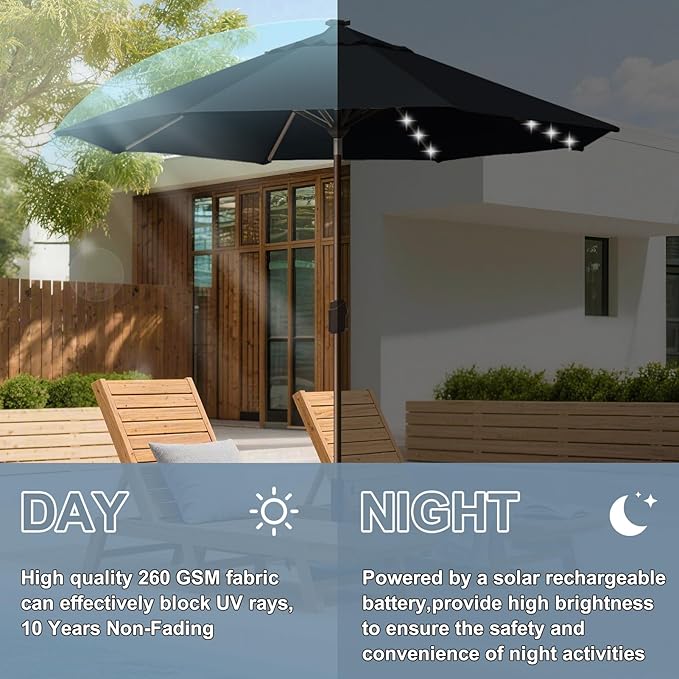 EliteShade USA 10-Year-Non-Fading 10ft Market Patio Umbrella, Commercial Grade Table Sun Umbrella with 80 Solar LED Lights, Crank Open, Windproof & UPF 50+ UV Protection for Garden, Deck, Pool, Backyard, Black