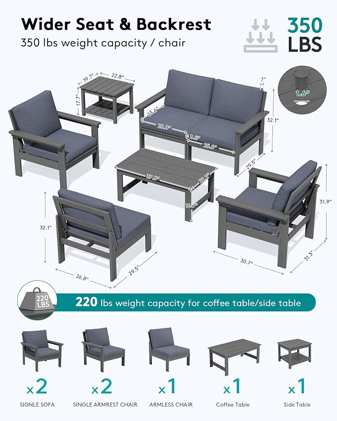 SERWALL HDPE Outdoor Couch with Coffee Table & Side Table & 15FT Umbrella