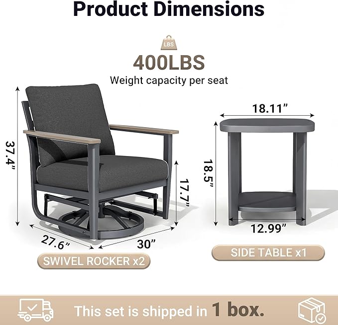 Aluminum Swivel Rocking Chairs, 3-Piece Outdoor Patio Furniture Set with Side Table, Rust-Proof Metal Gliders with Wood-Like Armrests & 5.1" Thick Cushions for Backyard, Porch, Black