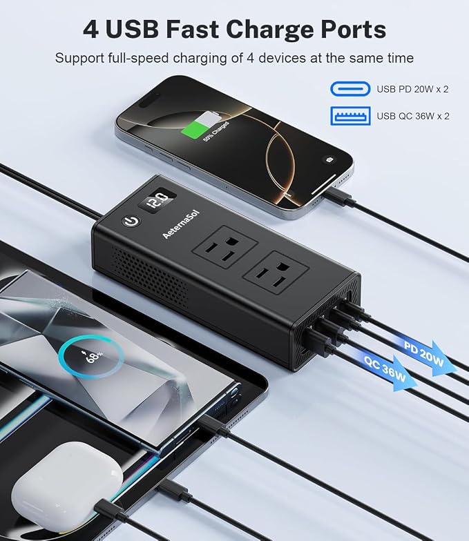 200W Portable 12V to 110v Car Charger Power Inverters for Vehicles | 36W USB-A, Fast Charging USB-C, Dual AC Outlets, Cigarette Lighter Adapter for Laptop/Camping/Road trip essentials